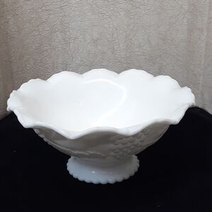 Vintage Imperial Paneled Grape harvest milk glass ruffled bowl